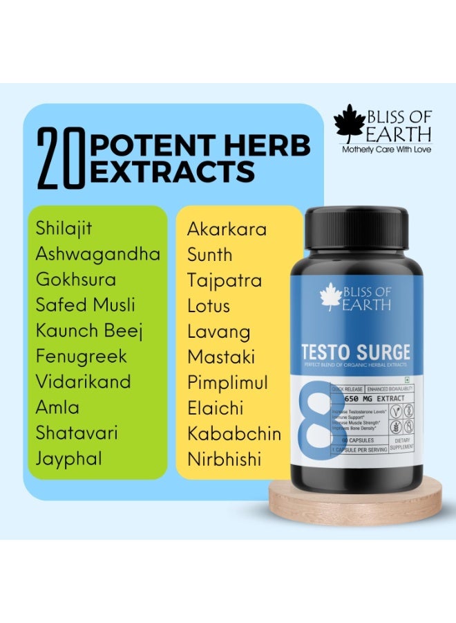 BLISS OF EARTH Testo-Surge 650mg, Natural Testo Booster For Men With Shilajit Extract & 20 High Potency Herbal Extracts, Increase Stamina & Strength (Pack Of 2) - Image 3
